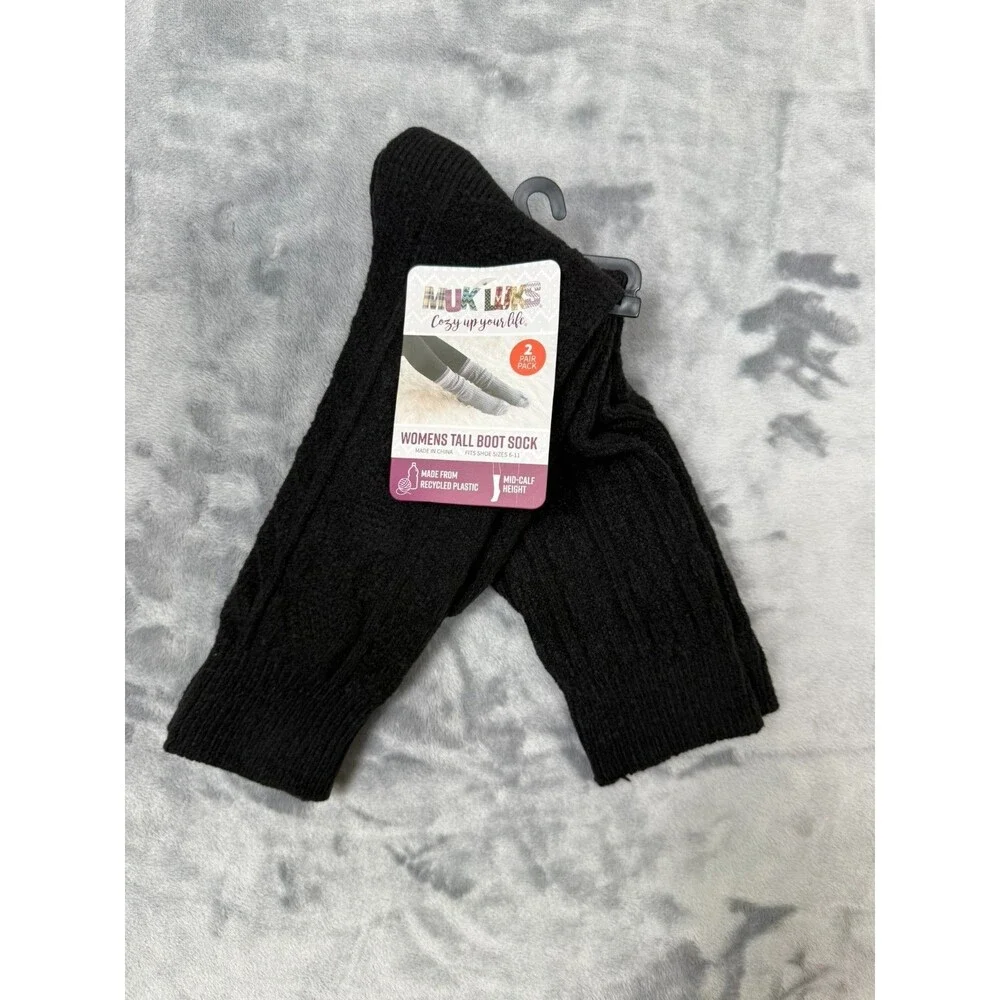 Muk Luks Women’s 2 Pair Pack Tall Boot Socks Mid-Calf Height size 6-11 Black